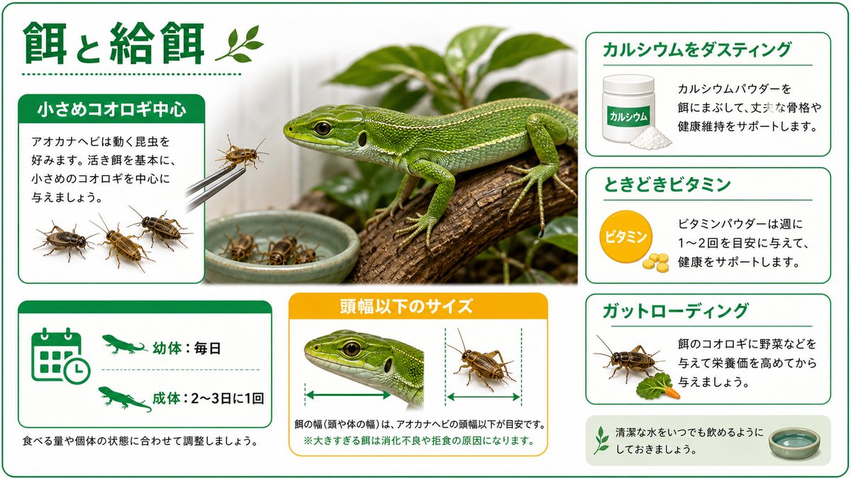 餌と給餌の要点をまとめたカメレオン・爬虫類飼育インフォグラフィック