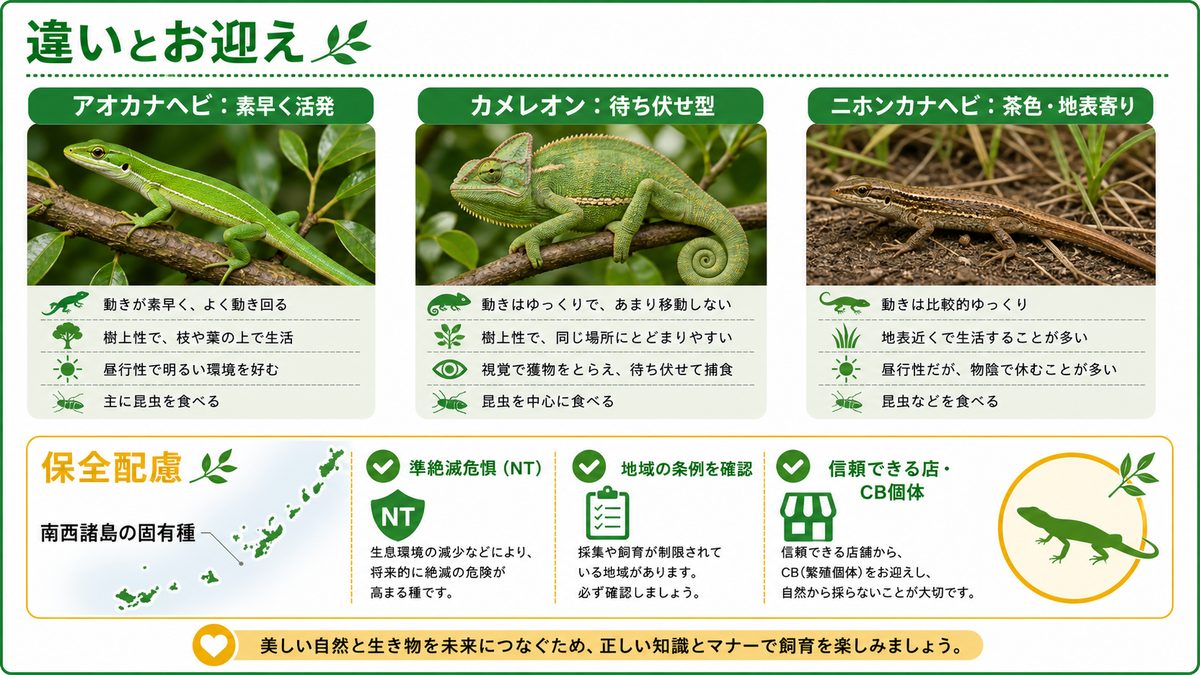 カメレオン・ニホンカナヘビとの違い・保全配慮・お迎えの要点をまとめたカメレオン・爬虫類飼育インフォグラフィック