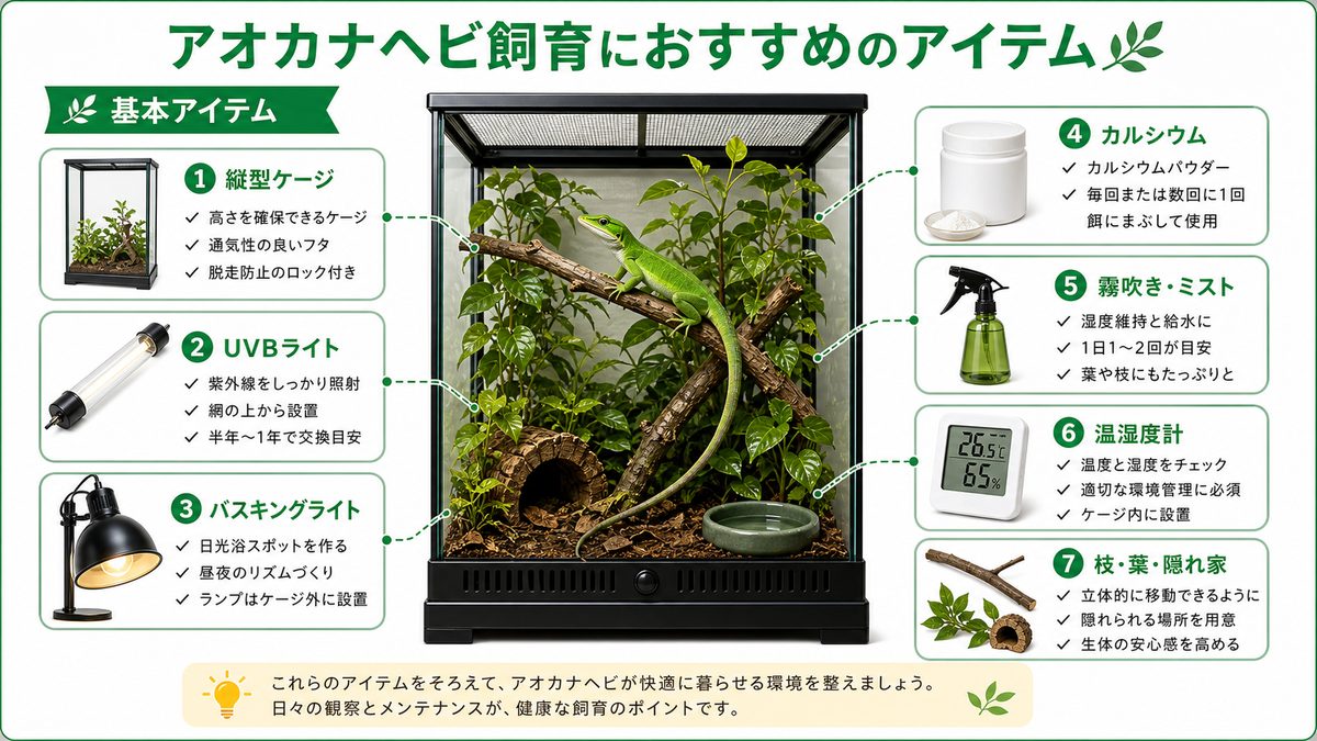 アオカナヘビ飼育におすすめのアイテムの要点をまとめたカメレオン・爬虫類飼育インフォグラフィック