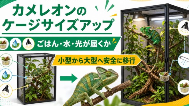 カメレオンのケージはいつ大きくする？ベビーを最初から成体用で飼う是非とサイズアップ完全ガイドの要点を伝えるカメレオン・爬虫類記事アイキャッチ画像