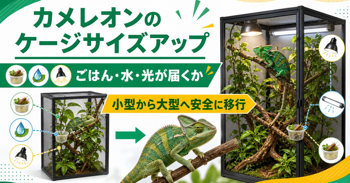 カメレオンのケージはいつ大きくする？ベビーを最初から成体用で飼う是非とサイズアップ完全ガイドの要点を伝えるカメレオン・爬虫類記事アイキャッチ画像
