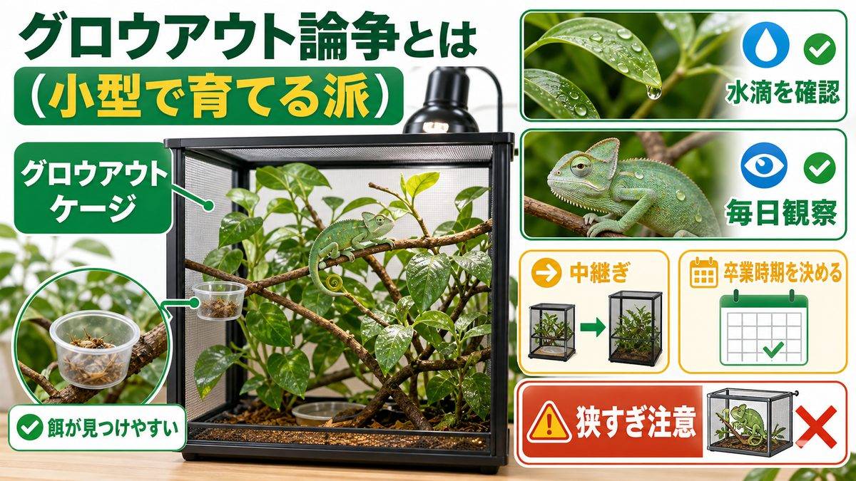 グロウアウト論争とは(小型で育てる派)の要点をまとめたカメレオン・爬虫類飼育インフォグラフィック