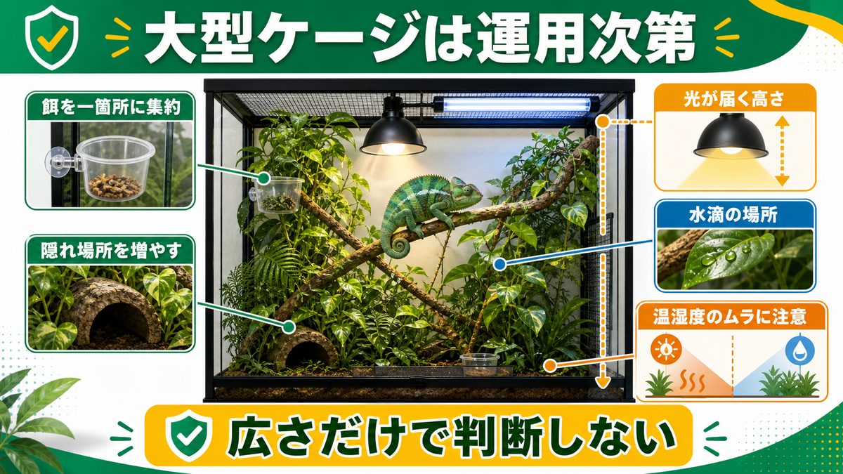 最初から大型ケージで飼う是非の要点をまとめたカメレオン・爬虫類飼育インフォグラフィック