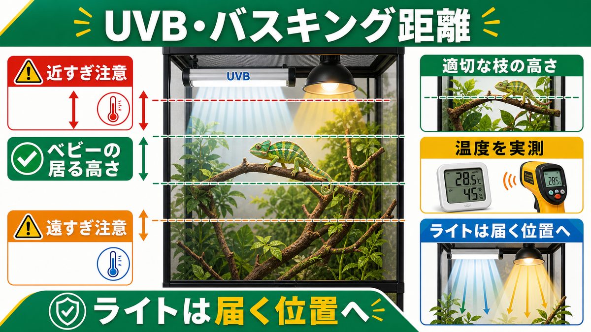 UVB・バスキング距離の問題の要点をまとめたカメレオン・爬虫類飼育インフォグラフィック