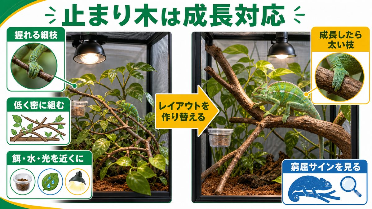 止まり木・レイアウトの成長対応の要点をまとめたカメレオン・爬虫類飼育インフォグラフィック