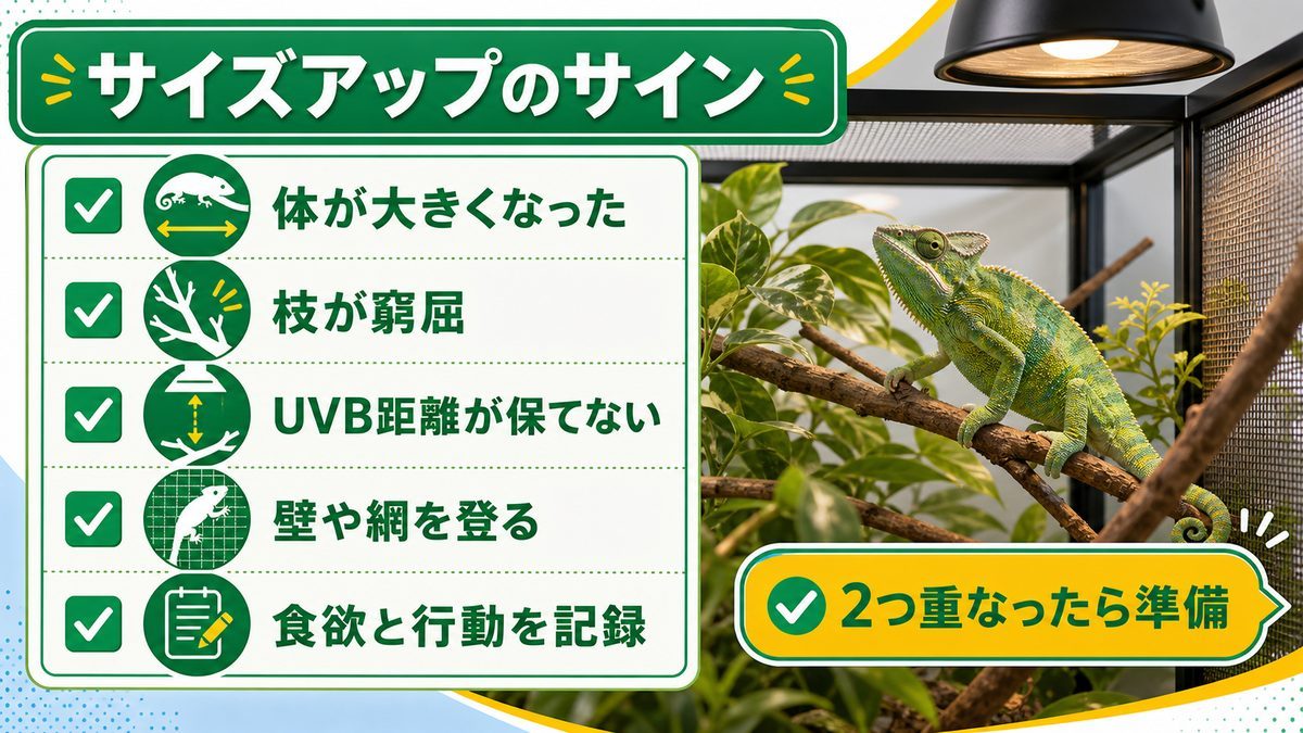 サイズアップのタイミングを見極めるの要点をまとめたカメレオン・爬虫類飼育インフォグラフィック
