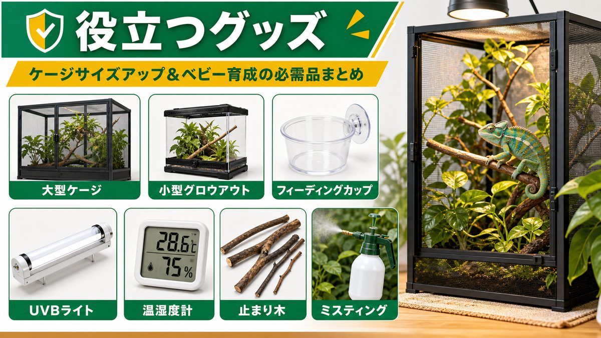 サイズアップに役立つグッズまとめの要点をまとめたカメレオン・爬虫類飼育インフォグラフィック