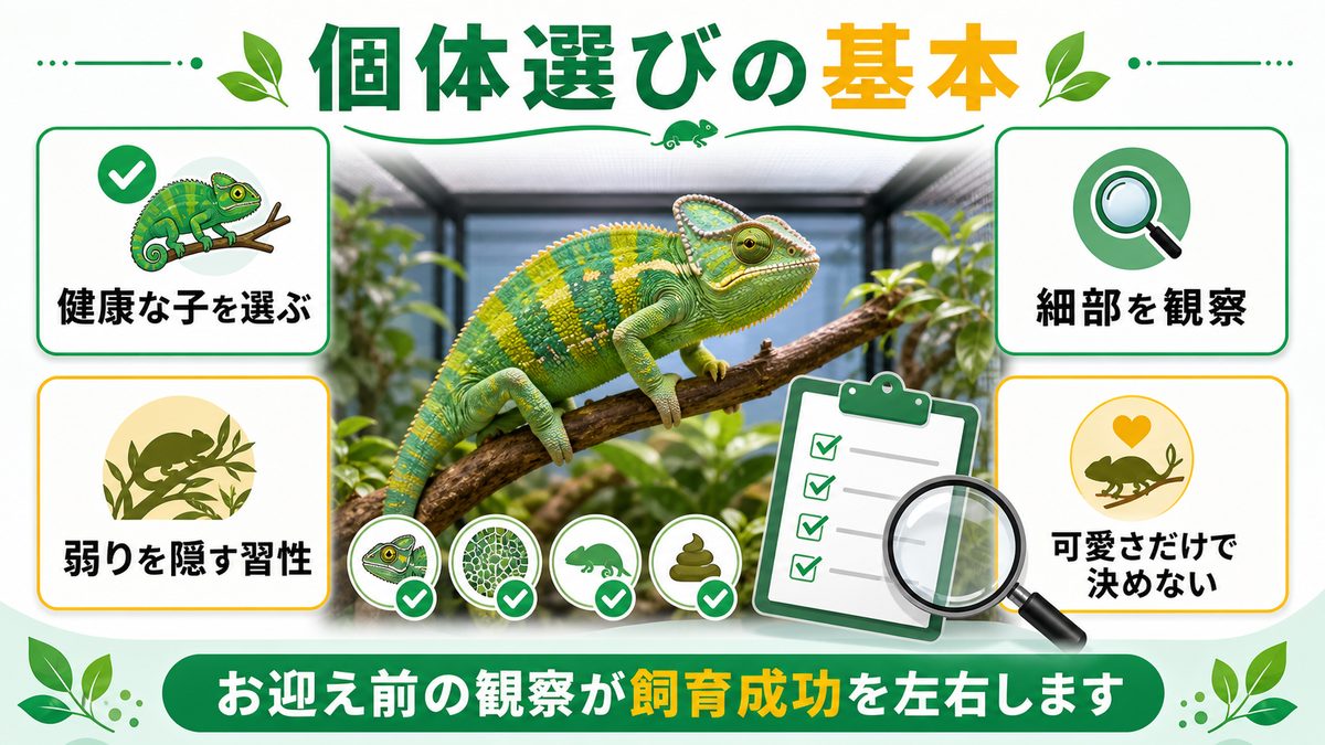 個体選びが飼育成功を左右するの要点をまとめたカメレオン・爬虫類飼育インフォグラフィック