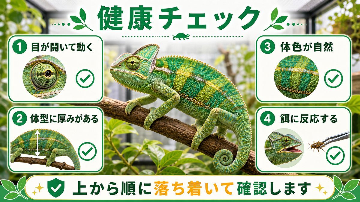 健康な個体のチェックポイントの要点をまとめたカメレオン・爬虫類飼育インフォグラフィック