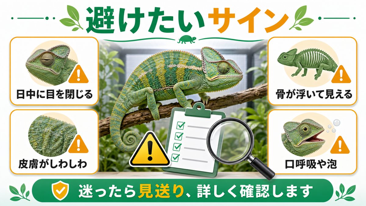 避けるべき個体のサインの要点をまとめたカメレオン・爬虫類飼育インフォグラフィック