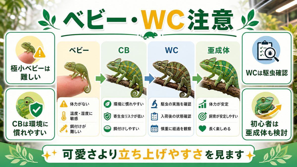 ベビー・WC個体を選ぶ時の注意の要点をまとめたカメレオン・爬虫類飼育インフォグラフィック