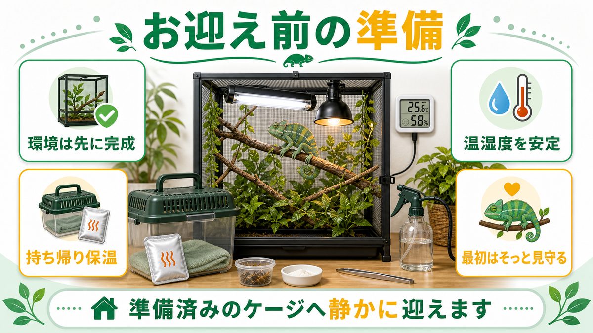 お迎えを決めたら準備することの要点をまとめたカメレオン・爬虫類飼育インフォグラフィック
