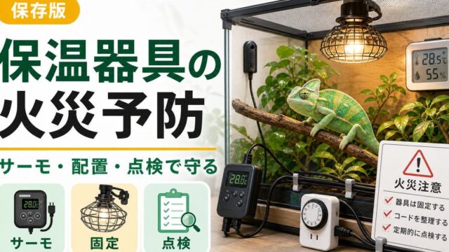 爬虫類の保温器具の火災予防完全ガイド｜安全な使い方・サーモ・ガードで事故を防ぐの要点を伝えるカメレオン・爬虫類記事アイキャッチ画像