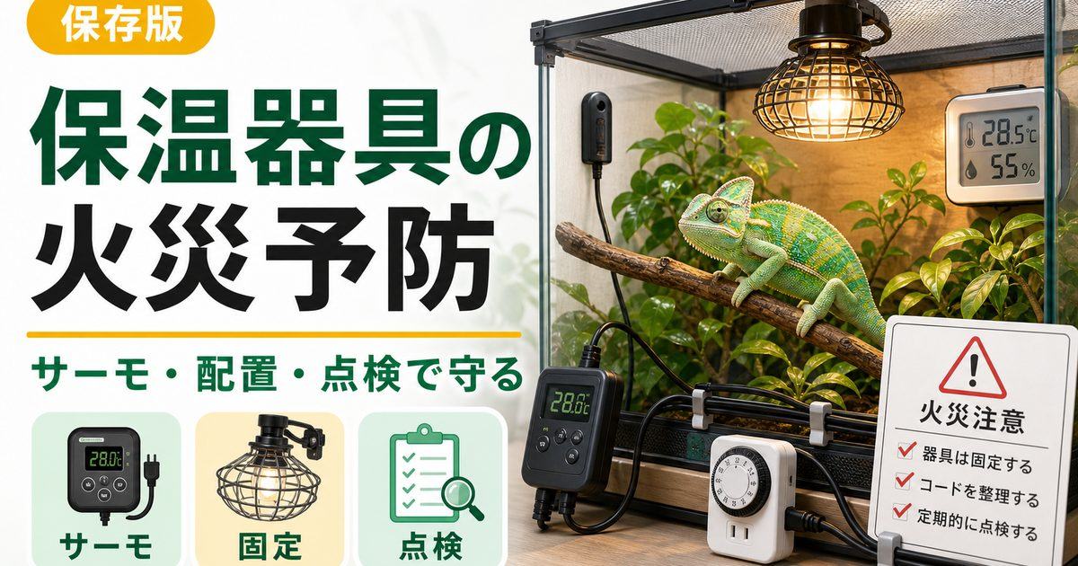 爬虫類の保温器具の火災予防完全ガイド｜安全な使い方・サーモ・ガードで事故を防ぐの要点を伝えるカメレオン・爬虫類記事アイキャッチ画像