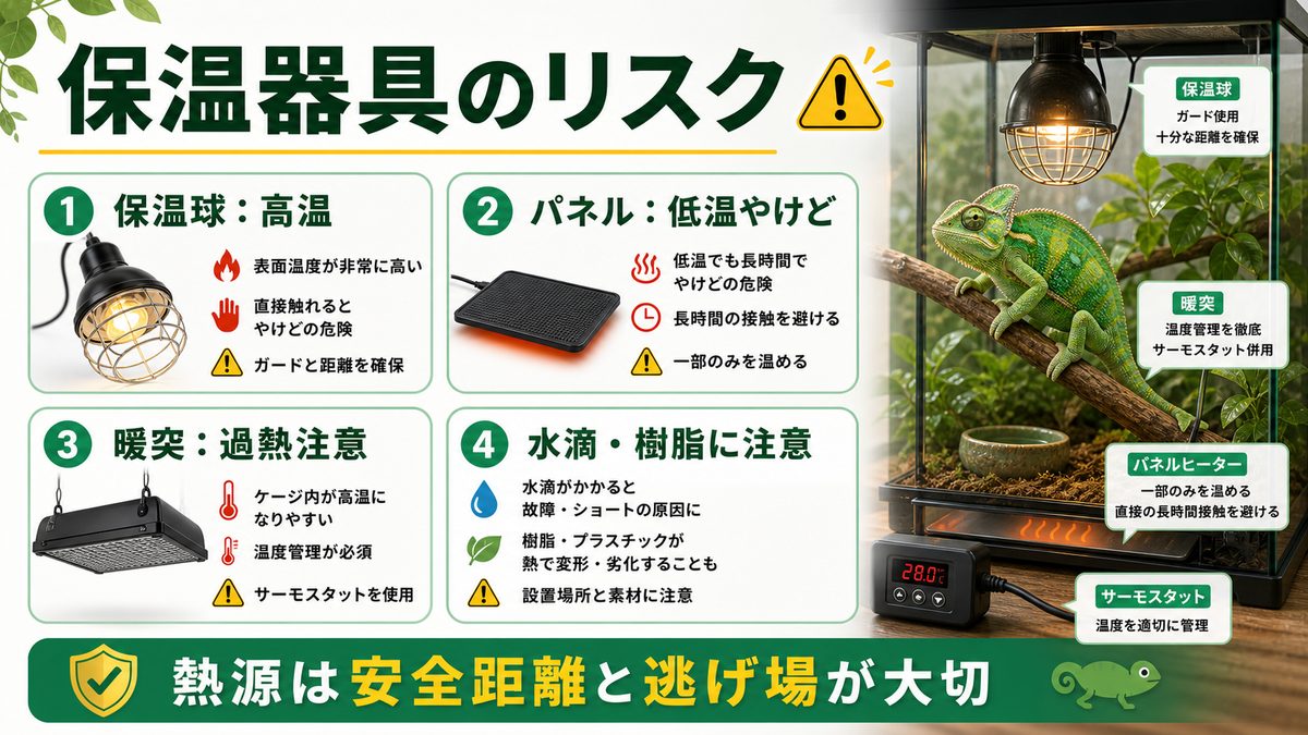 保温器具の火災・やけどリスクを知るの要点をまとめたカメレオン・爬虫類飼育インフォグラフィック