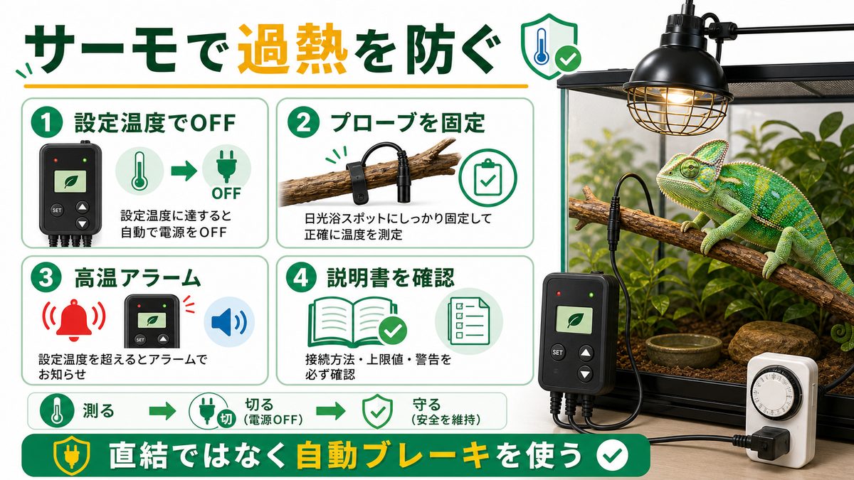 サーモスタットで過熱を防ぐの要点をまとめたカメレオン・爬虫類飼育インフォグラフィック