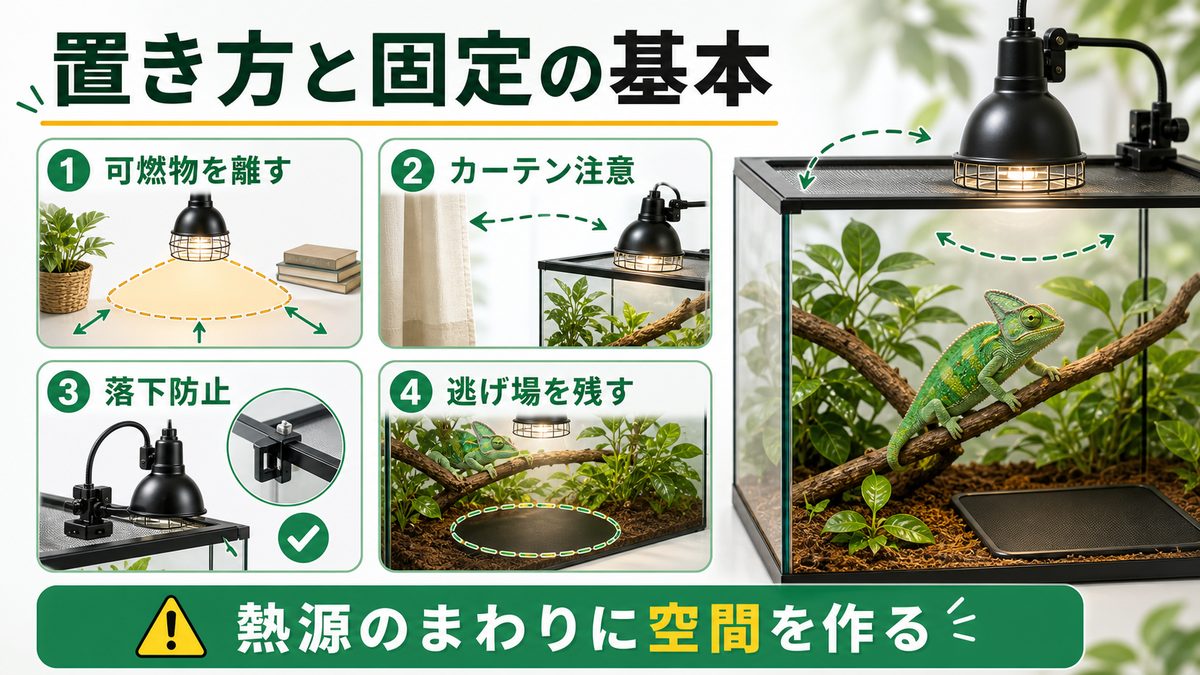 可燃物・配置・固定の注意の要点をまとめたカメレオン・爬虫類飼育インフォグラフィック
