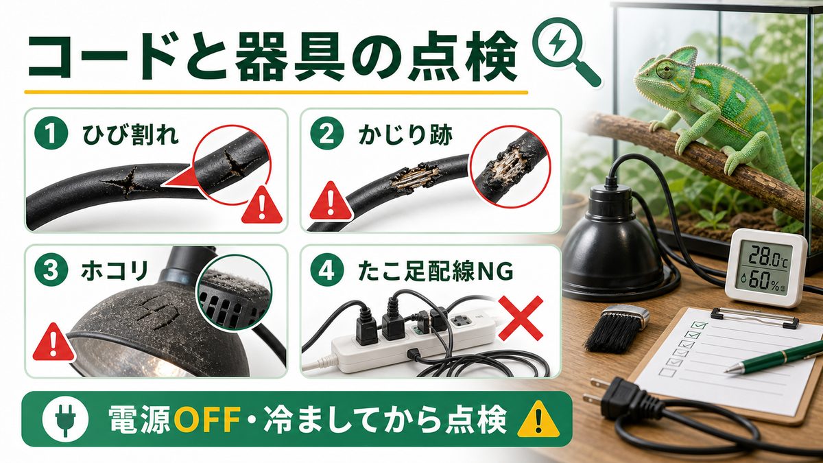 コード・器具の劣化点検の要点をまとめたカメレオン・爬虫類飼育インフォグラフィック