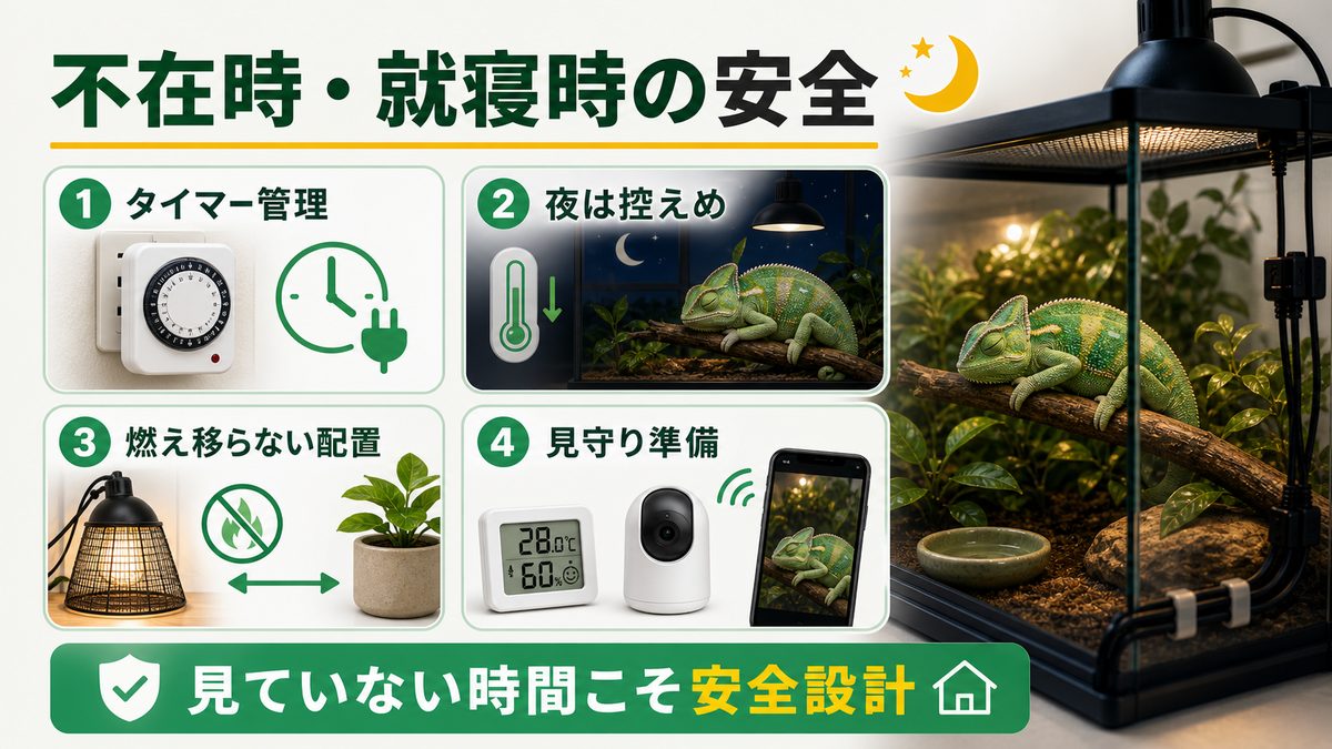 不在時・就寝時の安全の要点をまとめたカメレオン・爬虫類飼育インフォグラフィック