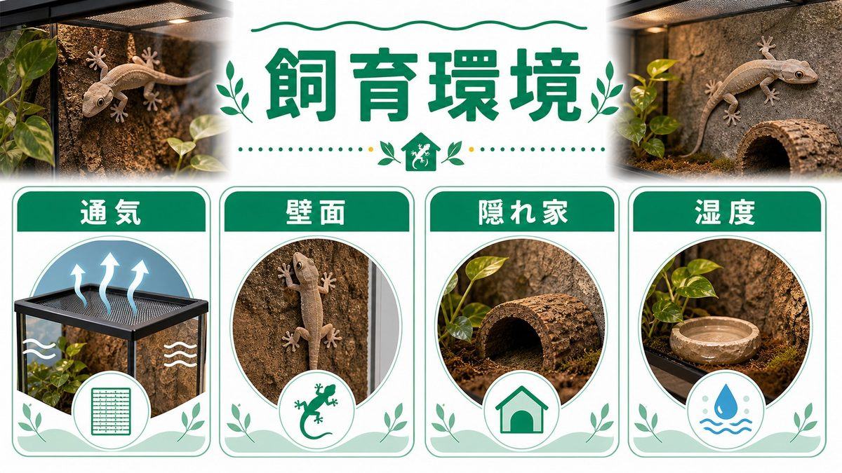 飼育環境の設定方法｜ケージ・温度・湿度・レイアウトの要点をまとめたカメレオン・爬虫類飼育インフォグラフィック