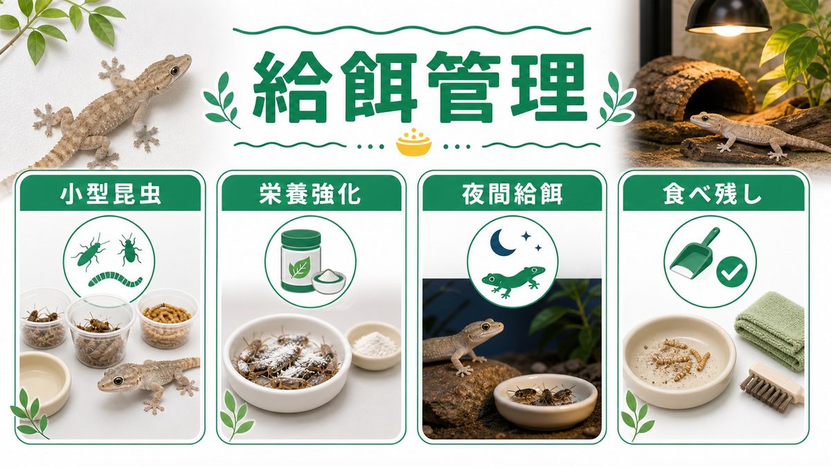 給餌と栄養管理｜コオロギ・ガ・サプリの与え方の要点をまとめたカメレオン・爬虫類飼育インフォグラフィック