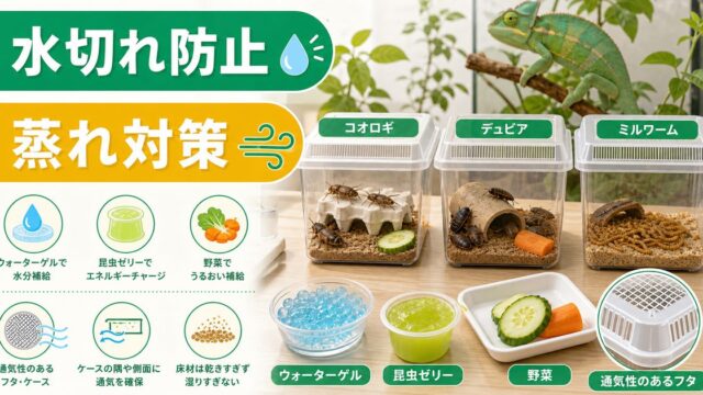 餌用昆虫の給水・水分管理完全ガイド｜昆虫ゼリー・給水ジェルでコオロギ/デュビアを死なせない水やり術を徹底解説の要点を伝えるカメレオン・爬虫類記事アイキャッチ画像