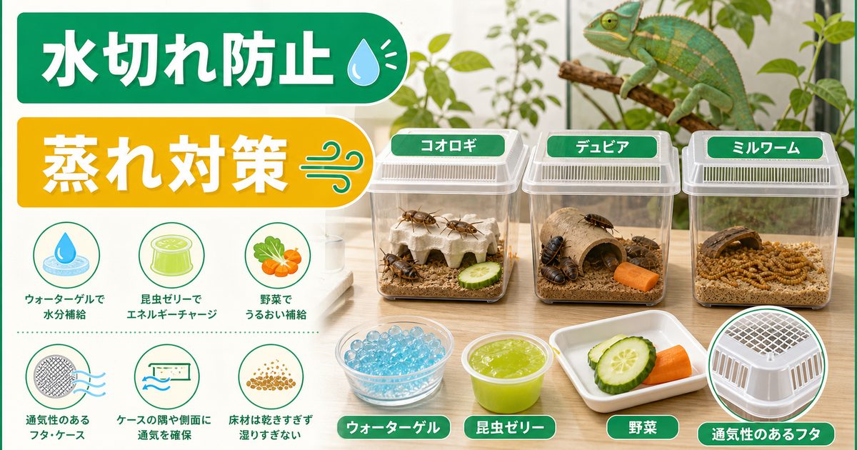 餌用昆虫の給水・水分管理完全ガイド｜昆虫ゼリー・給水ジェルでコオロギ/デュビアを死なせない水やり術を徹底解説の要点を伝えるカメレオン・爬虫類記事アイキャッチ画像