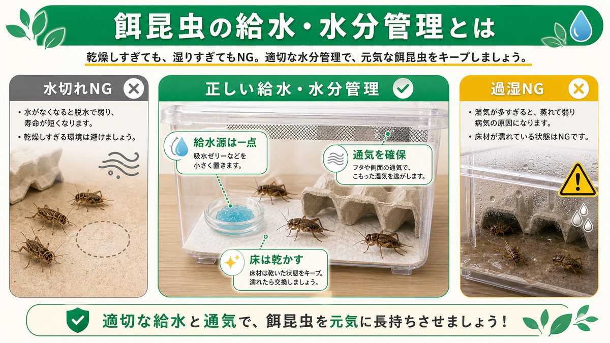 餌昆虫の給水・水分管理とはの要点をまとめたカメレオン・爬虫類飼育インフォグラフィック