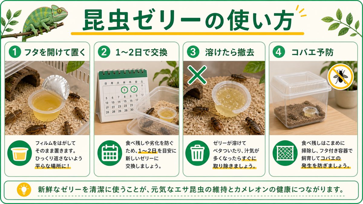 昆虫ゼリーの使い方の要点をまとめたカメレオン・爬虫類飼育インフォグラフィック