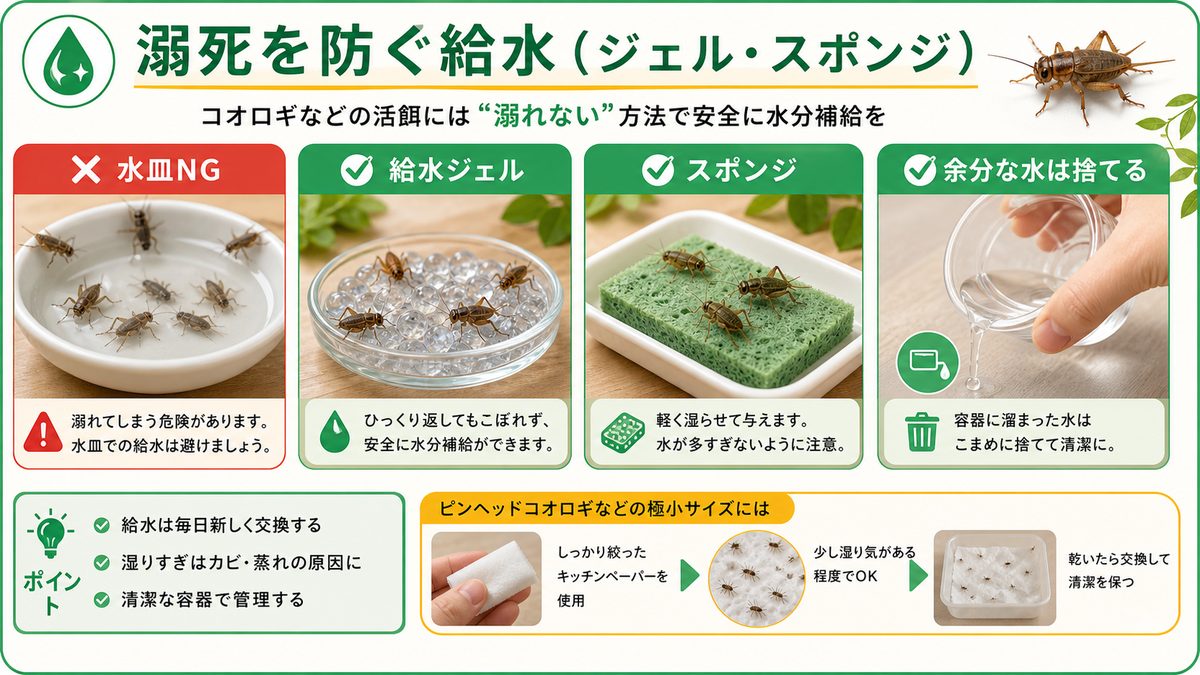 溺死を防ぐ給水(ジェル・スポンジ)の要点をまとめたカメレオン・爬虫類飼育インフォグラフィック