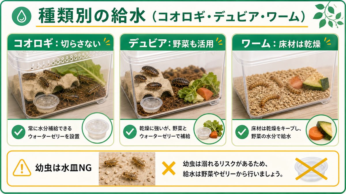 種類別の給水(コオロギ・デュビア・ワーム)の要点をまとめたカメレオン・爬虫類飼育インフォグラフィック