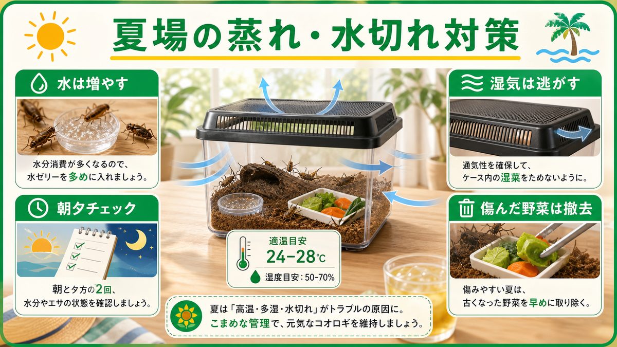 夏場の蒸れ・水切れ対策の要点をまとめたカメレオン・爬虫類飼育インフォグラフィック