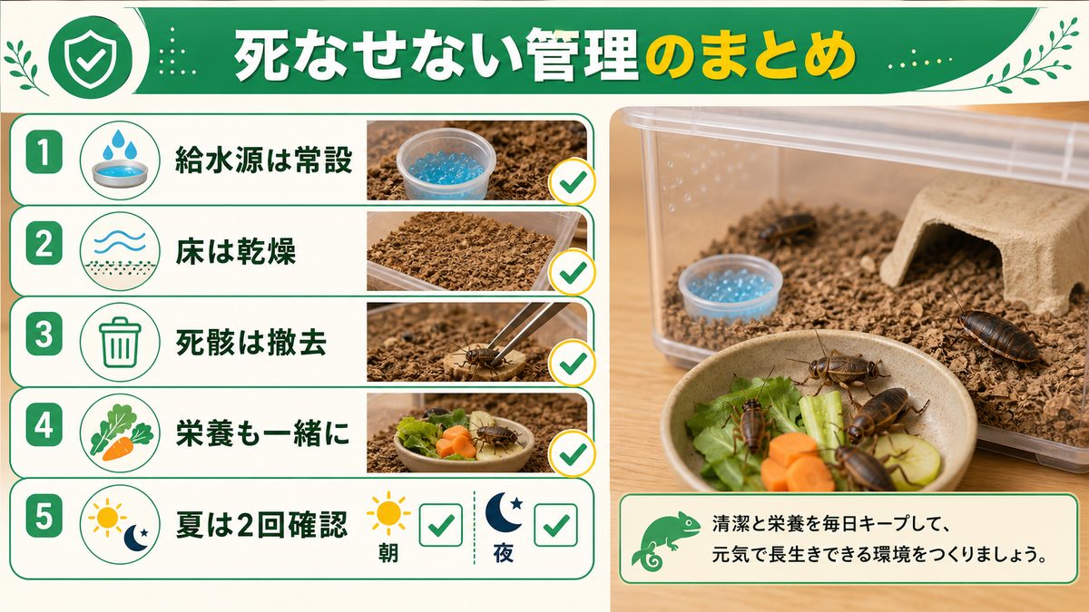 死なせない管理のまとめの要点をまとめたカメレオン・爬虫類飼育インフォグラフィック