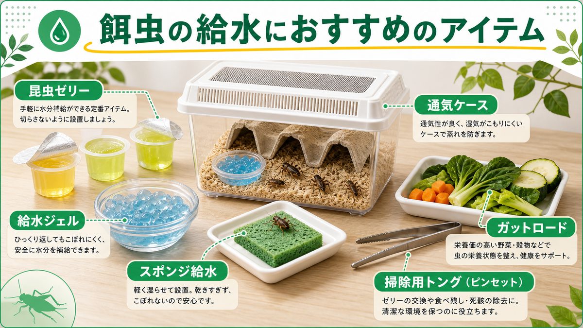 餌虫の給水におすすめのアイテムの要点をまとめたカメレオン・爬虫類飼育インフォグラフィック