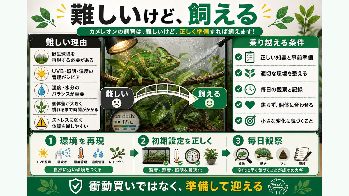 カメレオンの飼育は難しい?結論から正直にの要点をまとめたカメレオン・爬虫類飼育インフォグラフィック