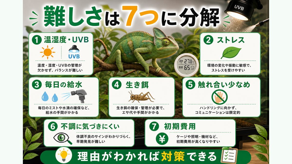 「難しい」と言われる7つの理由の要点をまとめたカメレオン・爬虫類飼育インフォグラフィック