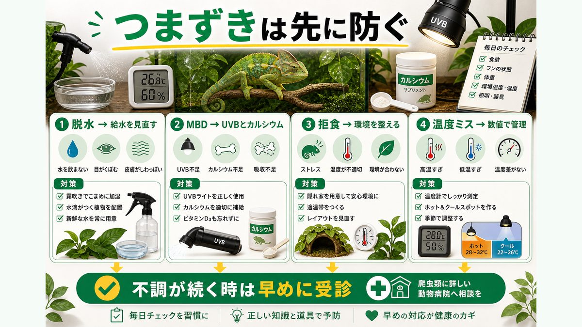 初心者がつまずくポイントと対策の要点をまとめたカメレオン・爬虫類飼育インフォグラフィック