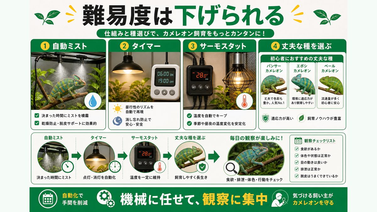 難易度を下げる工夫(自動化・種選び)の要点をまとめたカメレオン・爬虫類飼育インフォグラフィック