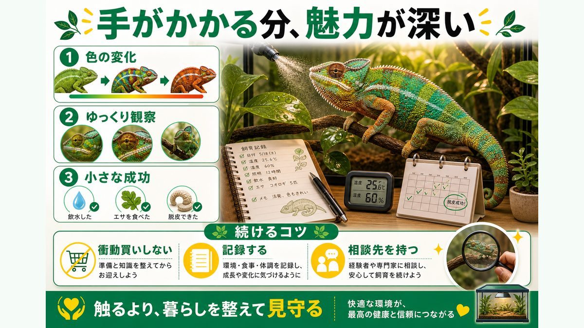 それでも飼う価値がある?続けるコツの要点をまとめたカメレオン・爬虫類飼育インフォグラフィック