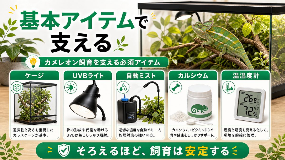 カメレオン飼育を支える基本アイテムの要点をまとめたカメレオン・爬虫類飼育インフォグラフィック