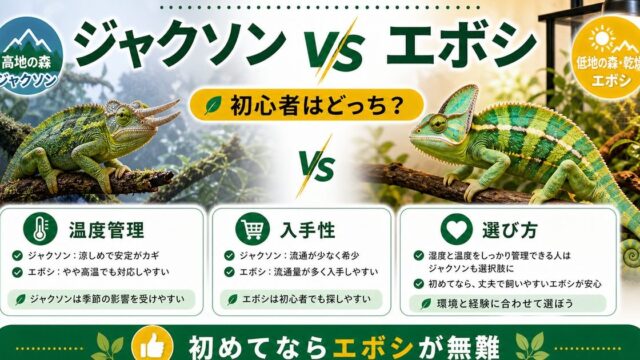ジャクソンカメレオンとエボシカメレオンの比較ポイントをまとめたアイキャッチ