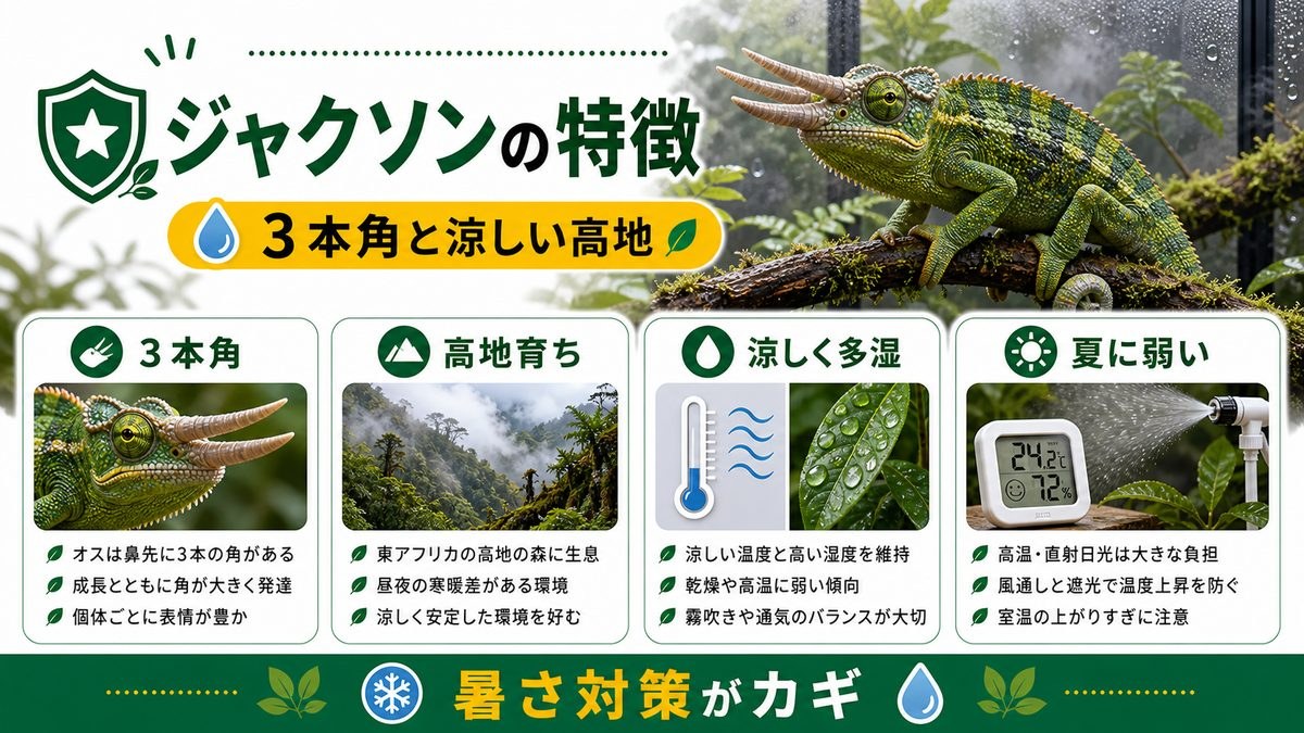 ジャクソンカメレオンの特徴の要点をまとめたカメレオン・爬虫類飼育インフォグラフィック