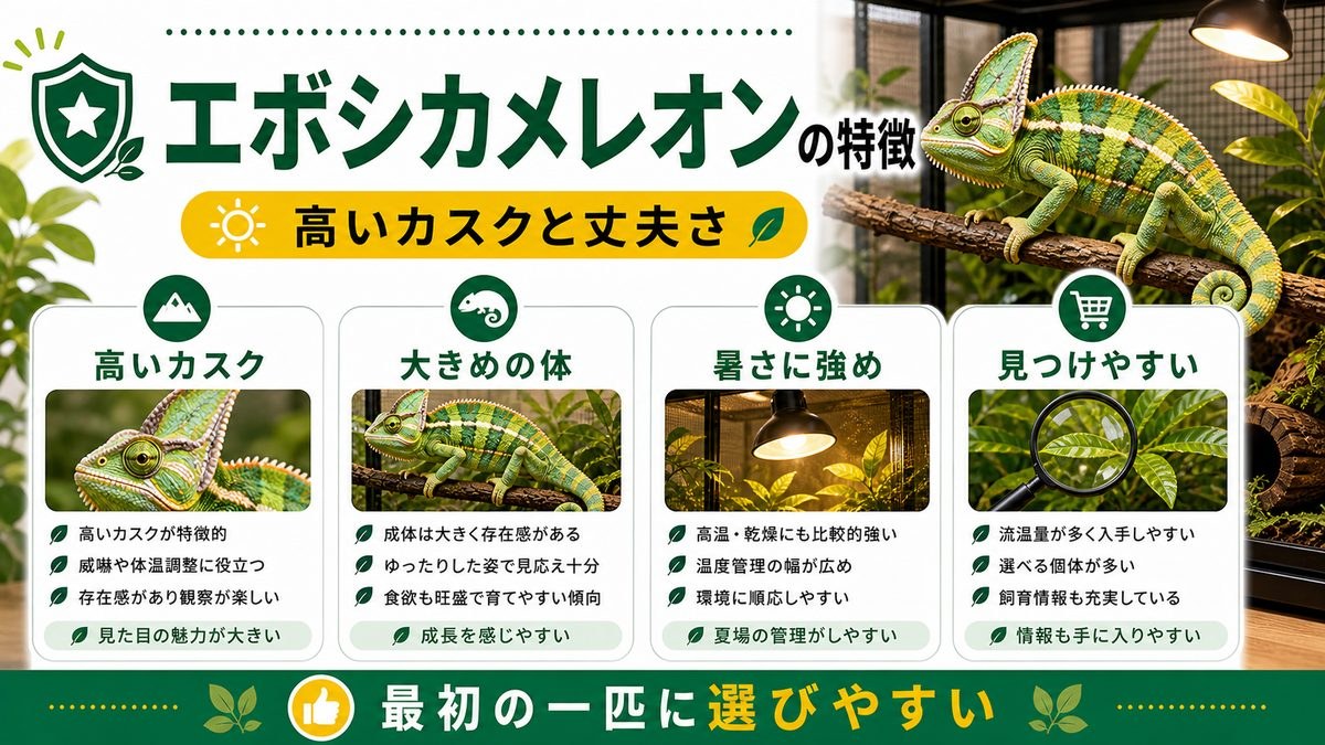 エボシカメレオンの特徴の要点をまとめたカメレオン・爬虫類飼育インフォグラフィック