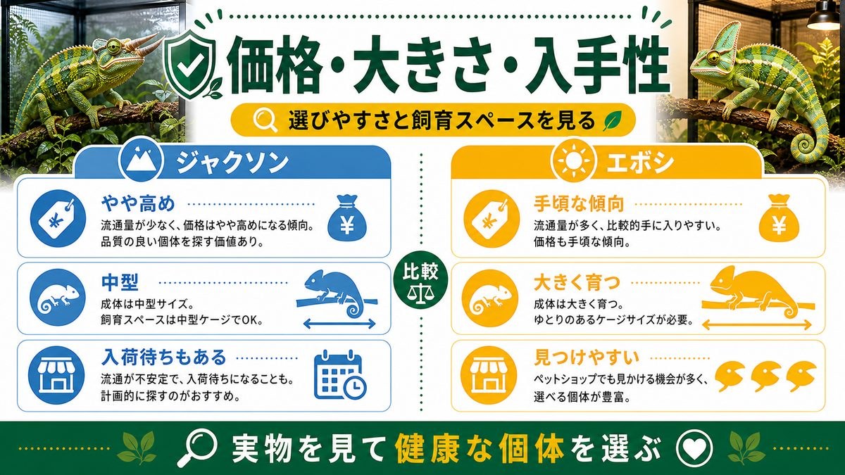価格・大きさ・入手性を比較の要点をまとめたカメレオン・爬虫類飼育インフォグラフィック
