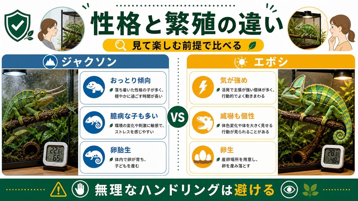 性格・繁殖（卵生vs卵胎生）を比較の要点をまとめたカメレオン・爬虫類飼育インフォグラフィック