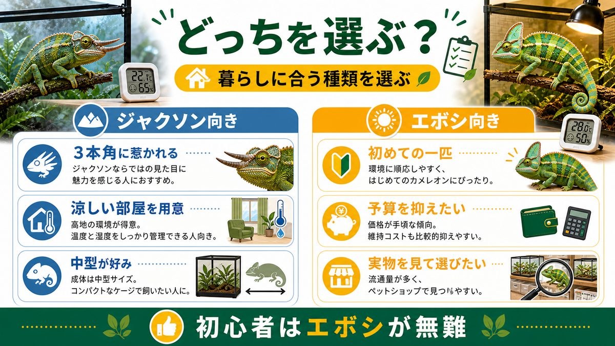 結局どっちを選ぶ？タイプ別おすすめの要点をまとめたカメレオン・爬虫類飼育インフォグラフィック