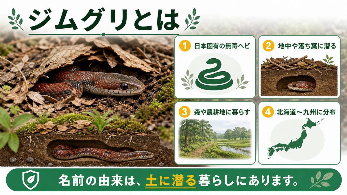 ジムグリとは|地に潜る日本固有のヘビの要点をまとめたカメレオン・爬虫類飼育インフォグラフィック