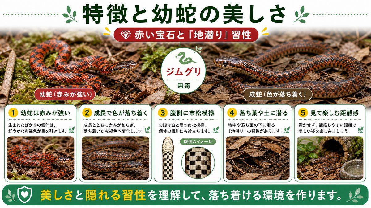 特徴と幼蛇の美しさ|赤い宝石と「地潜り」習性の要点をまとめたカメレオン・爬虫類飼育インフォグラフィック