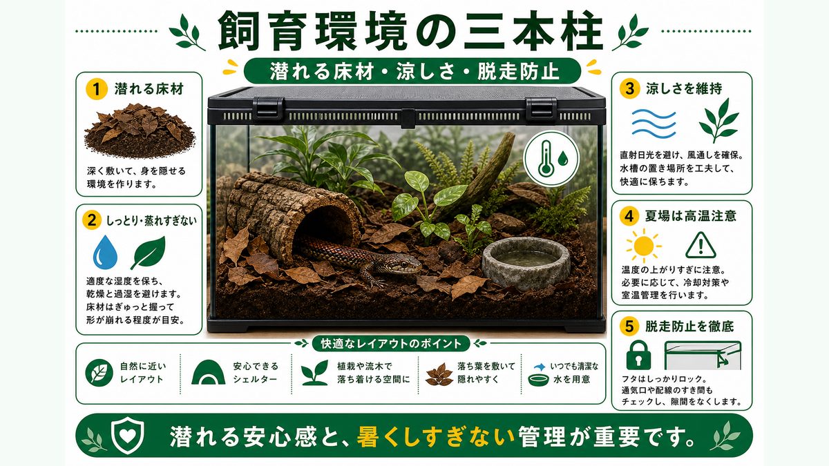 飼育環境の作り方|潜れる床材・涼しさ・脱走防止の要点をまとめたカメレオン・爬虫類飼育インフォグラフィック