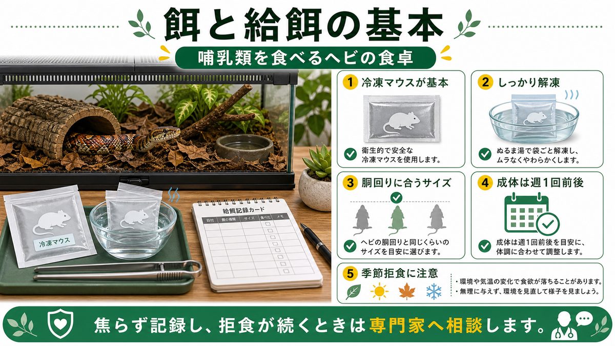 餌と給餌|哺乳類を食べるヘビの食卓の要点をまとめたカメレオン・爬虫類飼育インフォグラフィック